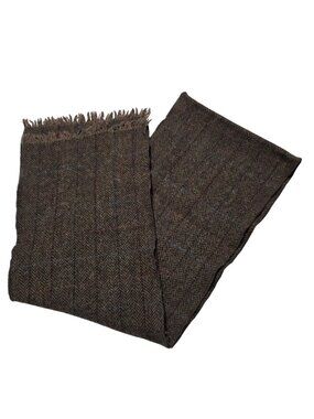 Vintage Brown Herringbone Wool Scarf 54 X 8.5 Fringe Edges Warm Winter Accessory